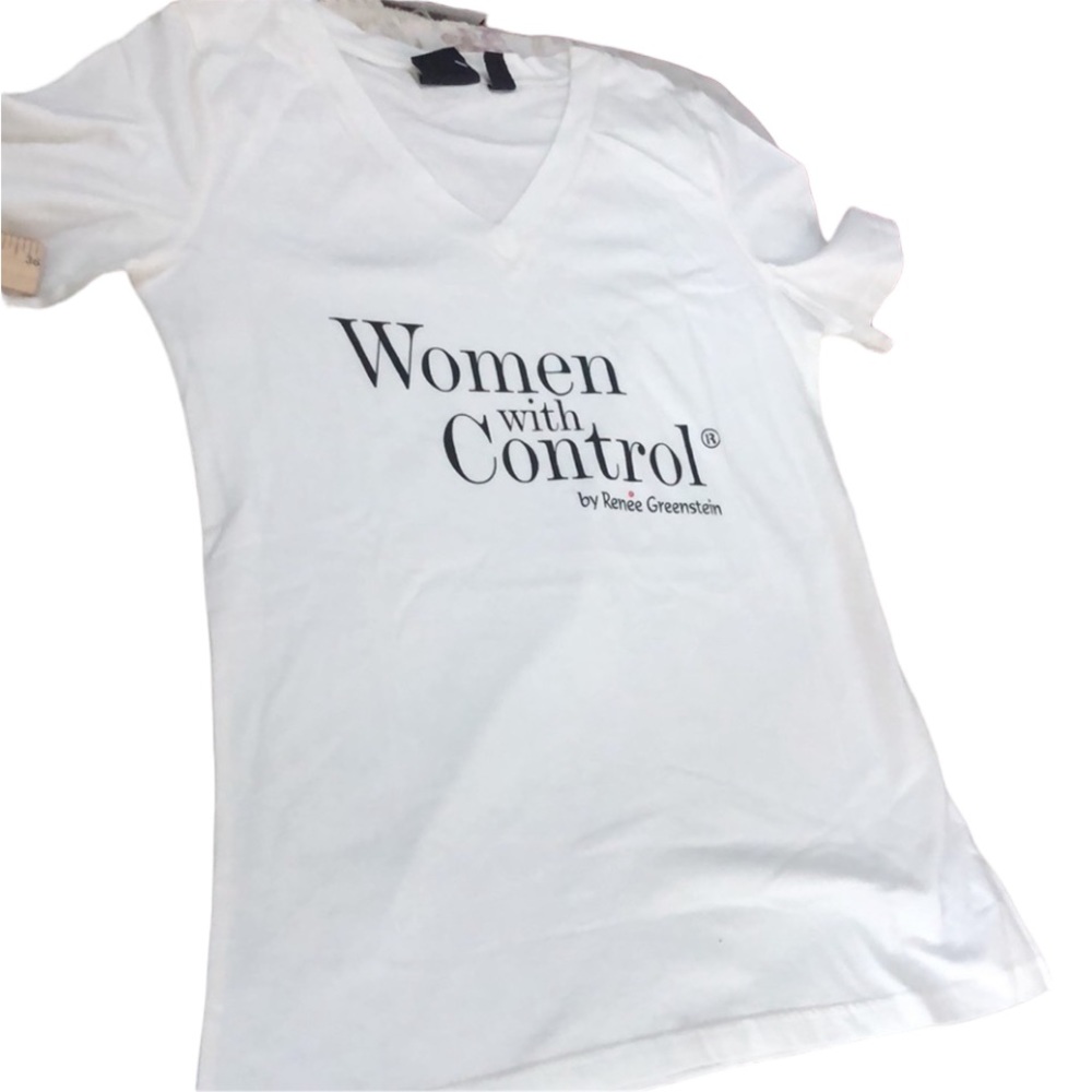 Renee Greenstein YOGA T-Shirt “WOMEN WITH CONTROL “size XS white v- neck tee